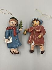 Vintage Wooden Ornaments Set Of 2 Girl Ringing Bell & Lady Holding Tree W/ Purse picture