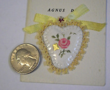 Vtg new Agnus Dei embroidered relic badge religious heart shape pink rose picture