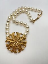 19” ANTIQUE FAUX PEARL 14 KT. GOLD FILLED CROWN TRIFARI NECKLACE BROOCH COMBO picture