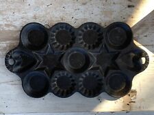 ANTIQUE REID'S 1870 CAST IRON STARS HEARTS, CIRCLES CRINKLED MUFFIN PAN (16C) picture