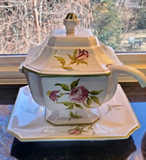 Italian Faience Soup Tureen w Underplate  WH Plummer NY Hand Painted Roses  picture