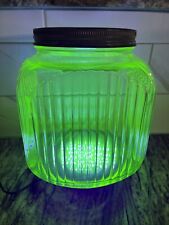 1930's Green Vaseline Depression Canister Hoosier Cookie Jar Ribbed Uranium picture