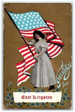 1910 Greetings From Woman Holding US Flag East Kingston Vintage Antique Postcard picture