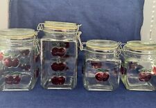 VTG 50’s Set Of 4 Clear Glass Jar Canisters Lid Embossed Apple Design Trivet picture