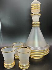 Vintage MCM Art Deco Frosted Glass With Gold Bands Decanter With 3 Glasses RARE picture