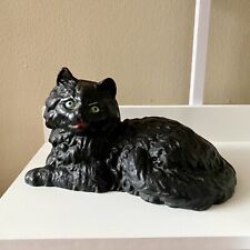 Vintage Hubley Style Cast Iron Lounging Persian Black Cat Doorstop Green Eyes picture