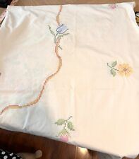 Vintage Handmade Cross Stitch Tablecloth Floral Tulips Large picture