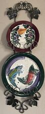 Two Gorgeous Pottery Plates W/ Holder, Julie Ueland, Salmon 13” & Fruit 10” picture