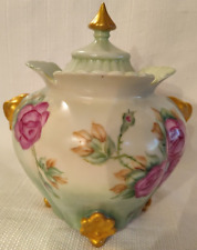 Antique Hand-painted Footed Biscuit Jar W/Lid Roses Pink Yellow Gold Trim EUC picture
