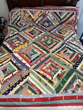 VTG Quilt Crazy Patchwork W/Ties Handmade BOHO Queen 82x72” 2 Sided Grandma core picture