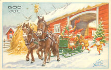 God Yul Swedish Christmas Postcard Curt Nystrom Tomte Gnomes Horsedrawn Sleigh picture