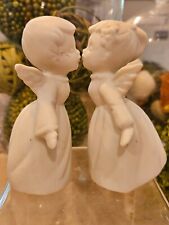 Vintage Napco Boy Girl Kissing Angels Bisque White Figurines Christmas Decor picture