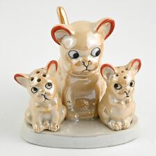 Big Eyed Momma Dog and Pups Salt Pepper & Condiment Set Gold Luster w Spoon VTG picture