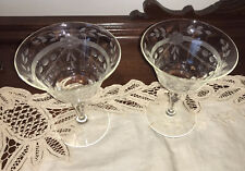 ETCHED FLORAL VTG SHERBET COUPE CHAMPAGNE GLASSES (2)PINSTRIPE BAND 16 PANEL EUC picture