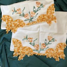 STUNNING PERFECT set Vintage Pillowcases Hand Crocheted Embroidered Never Used  picture