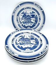 Chinese Porcelain 10.5” Dinner Plates 4 Blue & White Pagoda on Water VTG Asian picture