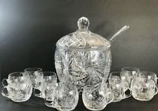 American Brilliant Vintage Cut Glass Heavy Punch bowl, Set 15 Pcs Superb picture