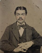 C.1860/70s Tintype Handsome Man W Unibrow Tinted Lips Cheeks Seated D40127 picture