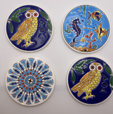 (4) Vtg Handmade Niarchos Ceramic Coasters Made in Greece Owl Of Athena Seahorse picture