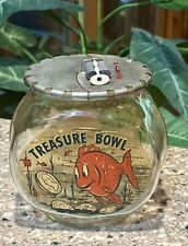 VINTAGE GOLD FISH WITH COINS TREASURE BOWL GLASS BANK WITH KEY - BOWER MFG. CO. picture