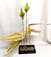 Midcentury Brutalist Floral Brass Art Sculpture On Bronze Base Signed picture