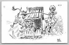 Cowboy Ropes Steer Turns Over Outhouse Pretty Girl Vintage Funny Postcard picture
