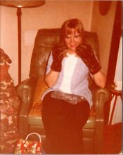 Vintage Color Photo Pretty Woman Posed Wearing New Fur Gloves For Christmas picture