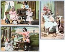 1910's SET/3 CUTE GIRLS JACK RUSSELL TERRIER DOG ELEPHANT TOY DOLLS POSTCARD picture