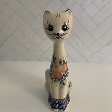 Polish Pottery Cat Tall Slender Ceramic Figurine Poland Floral 8.25” picture