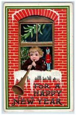 1969 New Year Boy In Chimney Trumpet Toy Holly Clapsaddle (?) Embossed Postcard picture
