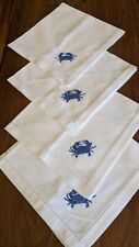 VINTAGE PRISTINE WHITE LINEN EMBROIDERED BLUE CRAB  EXTRA LARGE NAPKINS SET of 4 picture