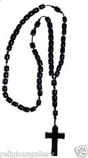 Men's Solid Black Wood Bead Rosary Cross Catholic Crucifix Necklace, Large picture