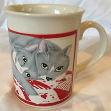 Vintage OTAGIRI Embossed Gray Cats & White Red Quilt Coffee Tea Mug, Japan 10 oz picture
