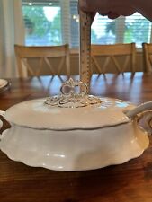 Antique Tureen With Lid And Ladle. White With Gold Highlights 1920s. Vintage picture