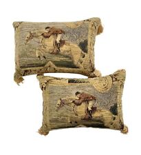 Fox Hunt Tapestry Design Decorative Pillow Pair Vintage Equestrian Decor picture