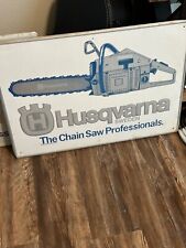 ORIGINAL Vintage EMBOSSED Husqvarna Chainsaws Sweden tin tacker sign advertising picture