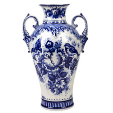 Gzhel Porcelain Large Floor Vase, Handmade in Russia,Blue Ceramic, Signed, 13.5