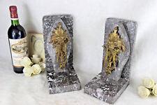 Majestic PAIR MARBLE Bronze lion heads antique French Bookends rare  picture