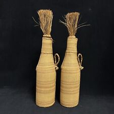 Pair Of Finely Woven Twined Basketry Covered Bottles & Stoppers picture