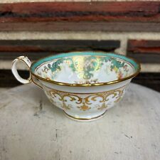 Antique Tea Cup Green Gold Tone White Short With Handle Scalloped Edging China picture