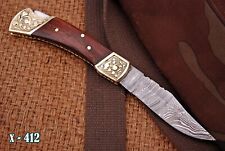 Vintage handmade Damascus Steel Hunting Pocket Knife Wood Handle Engraved Brass picture