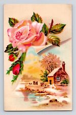 Victorian Trade Card Country Scene Roses Cabin Teacher's Gift To Student picture