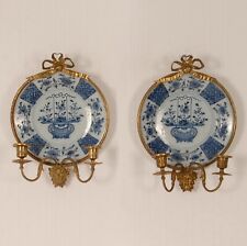 18th C Delft Wall Sconces Delftware Candelabra Plate Chinoiserie Kangxi a pair picture
