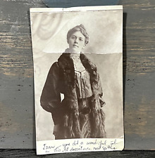 Vintage early portrait woman fur stole w/ inscription fashion smile hair picture