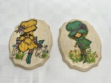 1960’s/1970s  VTG Girl With Bench And Flowers Ceramic/Clay Oval Wall Plaques EUC picture
