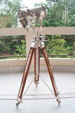 Chrome Nautical Searchlight Floor Lamp Spotlight Brown Wooden Tripod Stand picture