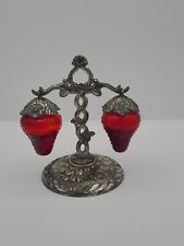 Vintage Ruby Red Glass Hanging Strawberry Salt & Pepper Shakers With Stand picture