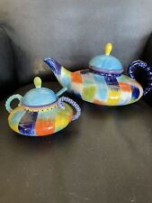 ANTHROPOLOGIE WHIMSICAL FOOTED COLORFUL BATIK PRINT TEAPOT WITH SUGAR BOWL picture