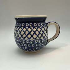 Boleslawiec Polish Pottery Barrel Mug, Blue and White Lattice Pattern picture