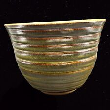 Vintage Hand Thrown Clay Art Pottery Signed Olive Green Bowl Dish 5.25”T 7.25”W picture